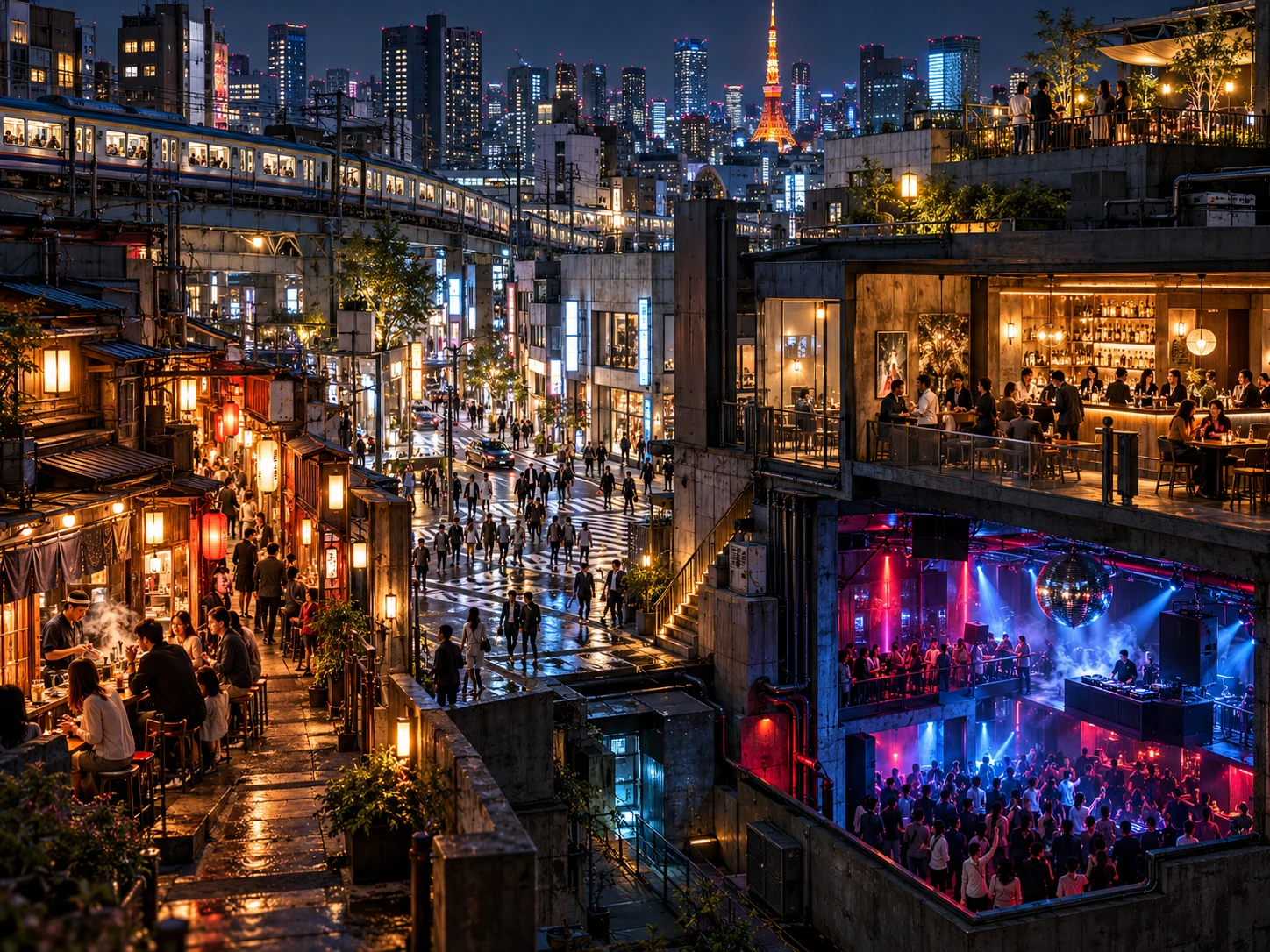 An imagined Tokyo night in cross-section: lantern-lit food alleys and small bars, a lively crossing, a social bar above a blue-lit club, and a train passing the skyline.