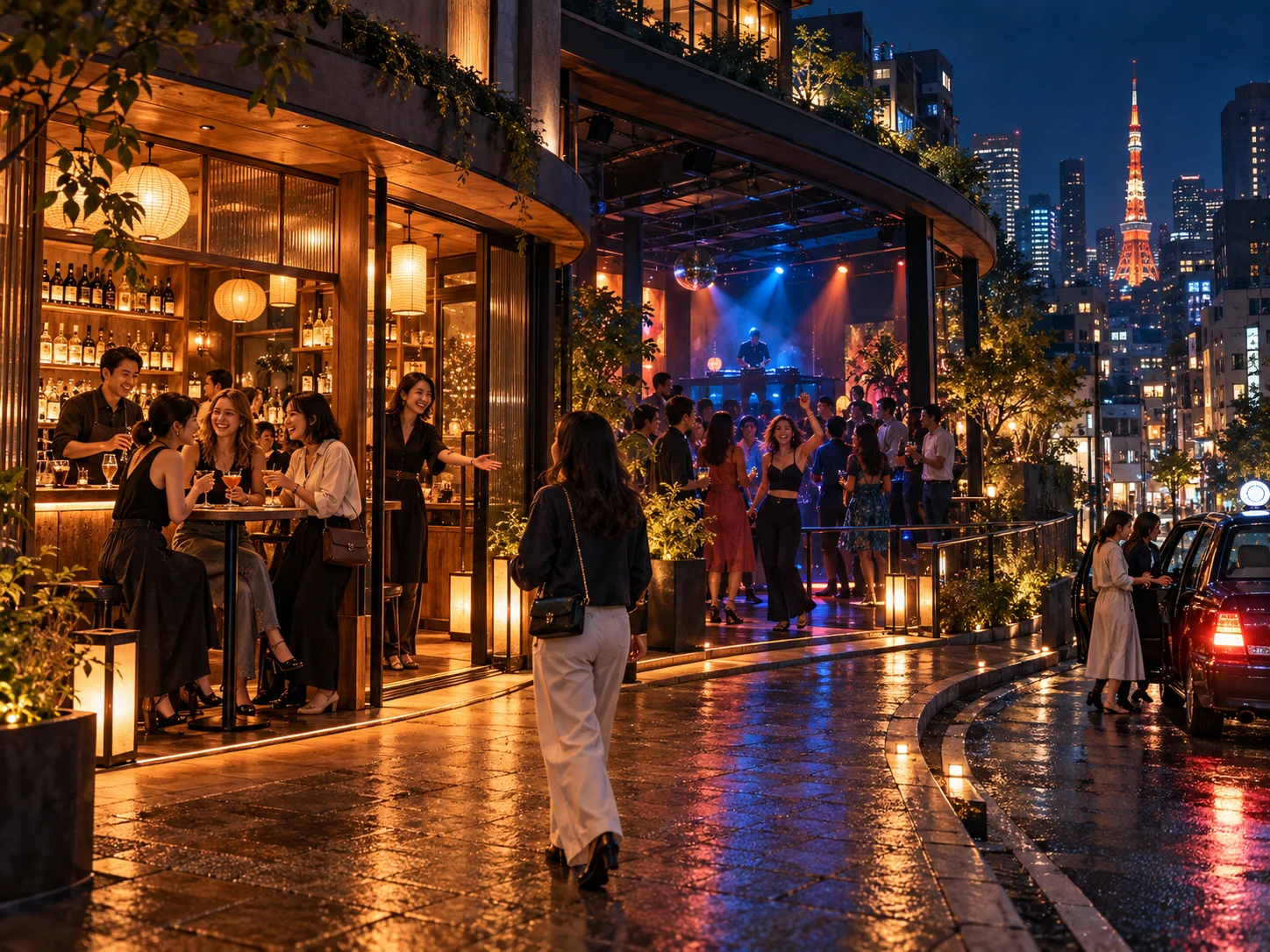 An imagined Tokyo night: women chatting at an amber-lit bar, a solo arrival being welcomed, friends dancing, and a taxi at the curb.