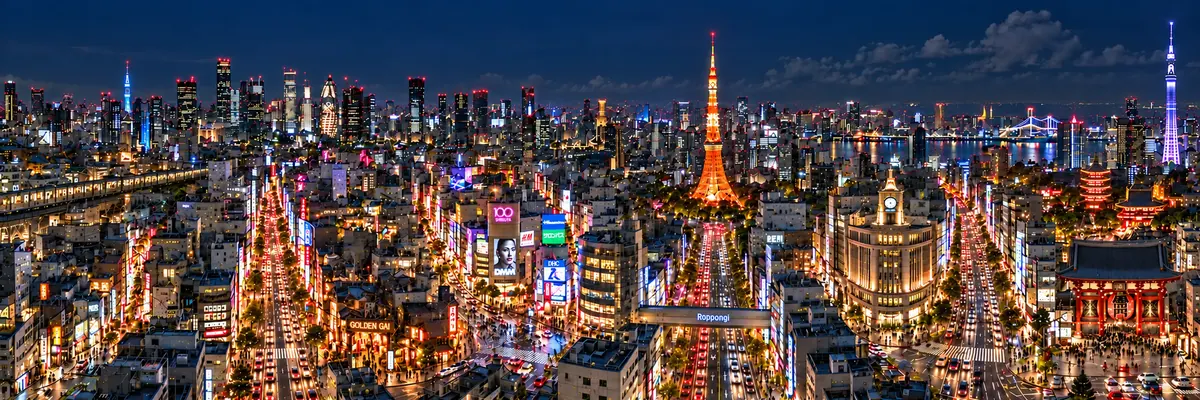 An imagined Tokyo night panorama, from neon streets to Tokyo Tower