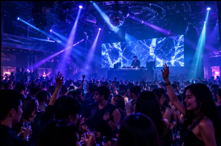 Crowd enjoying a nightclub together under blue and violet lights