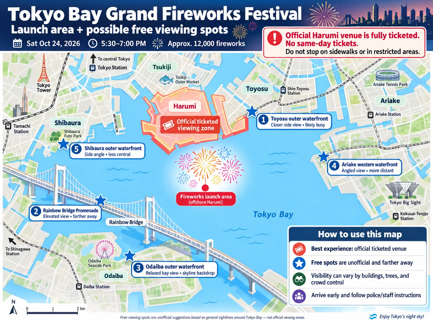 Orientation map of the Tokyo Bay Grand Fireworks launch area off Harumi and possible unofficial distant viewing areas around Toyosu, Rainbow Bridge, Odaiba, Ariake and Shibaura