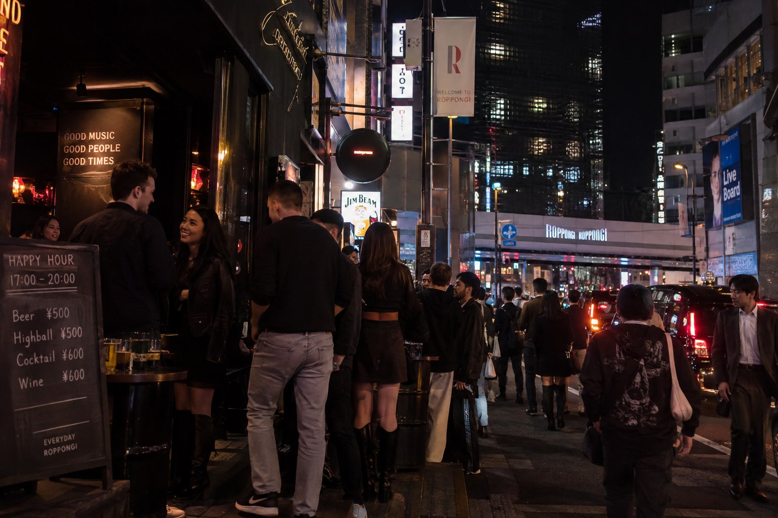 Roppongi nightlife street with small groups outside bars
