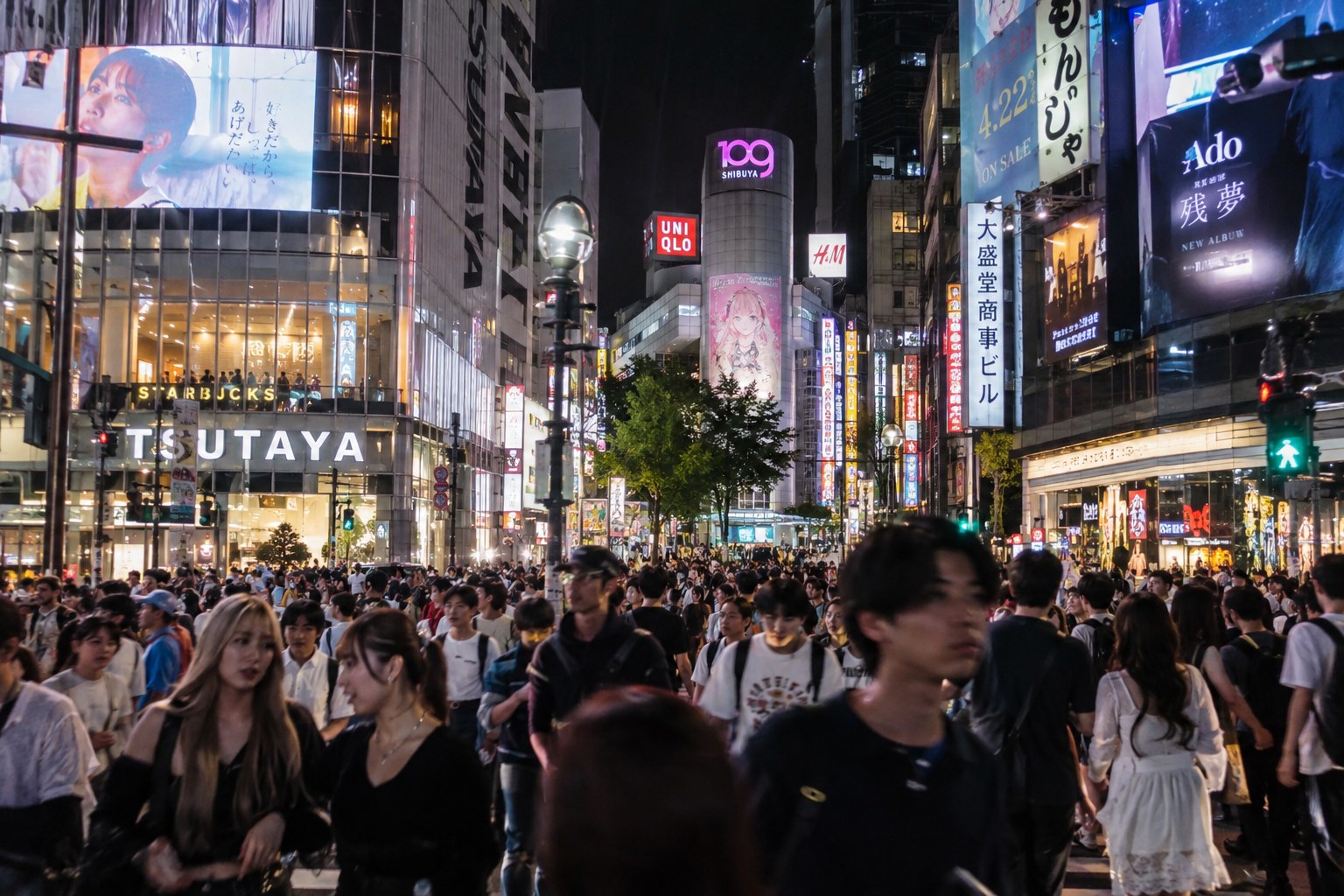 Crowds and bright lights in Shibuya at night