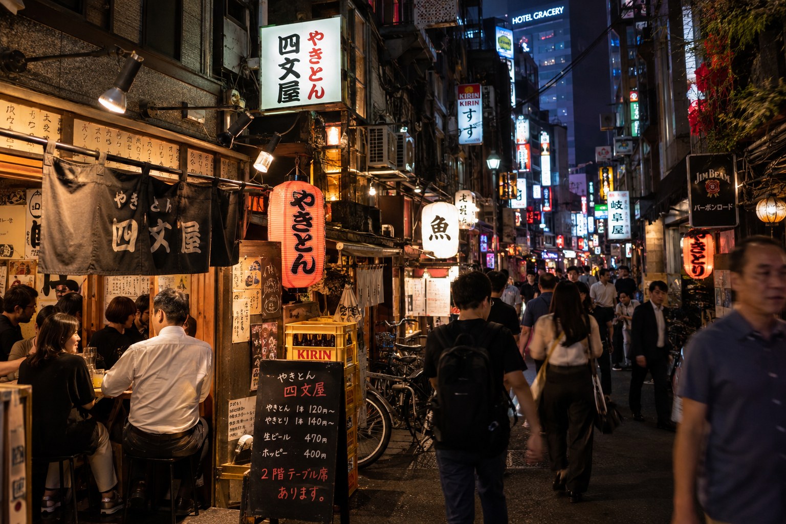 Busy Shinjuku izakaya street at night