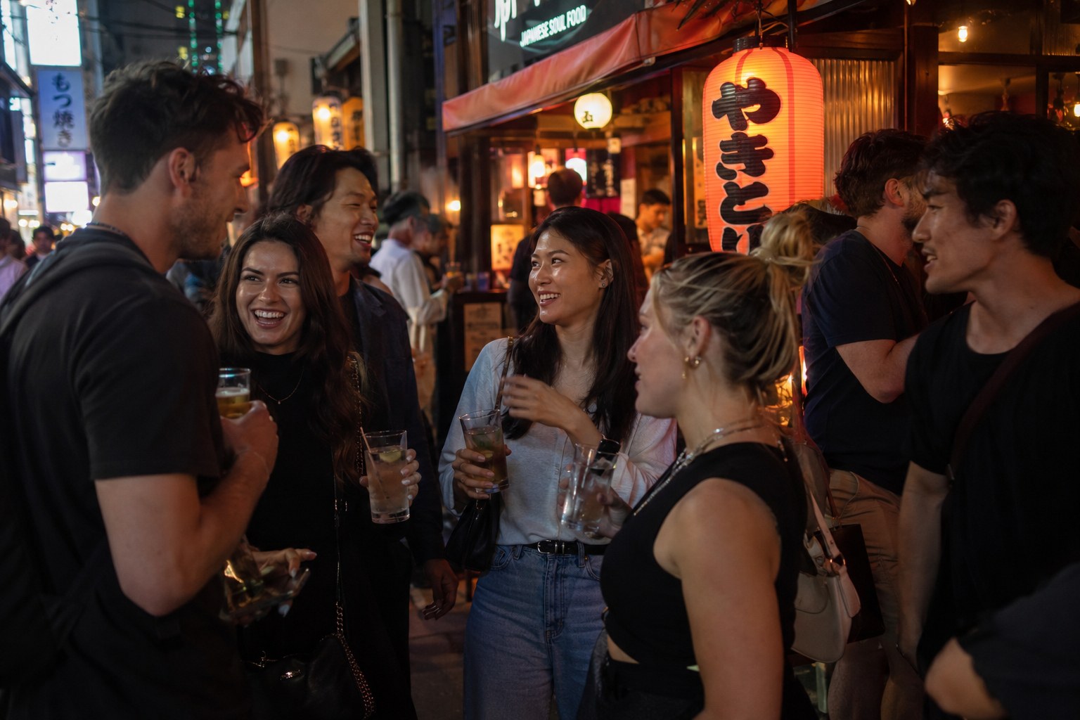 Mixed international group talking and laughing together on a Tokyo night out