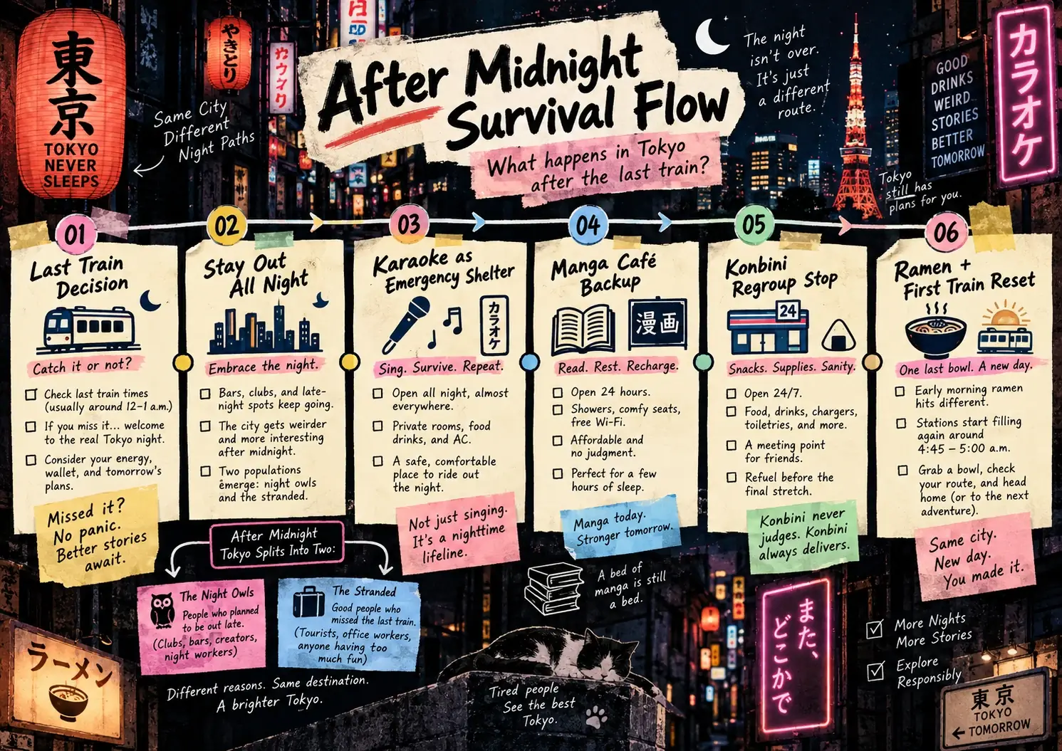 Illustrated after-midnight flow showing last train, karaoke, manga cafés, convenience stores, ramen and first trains