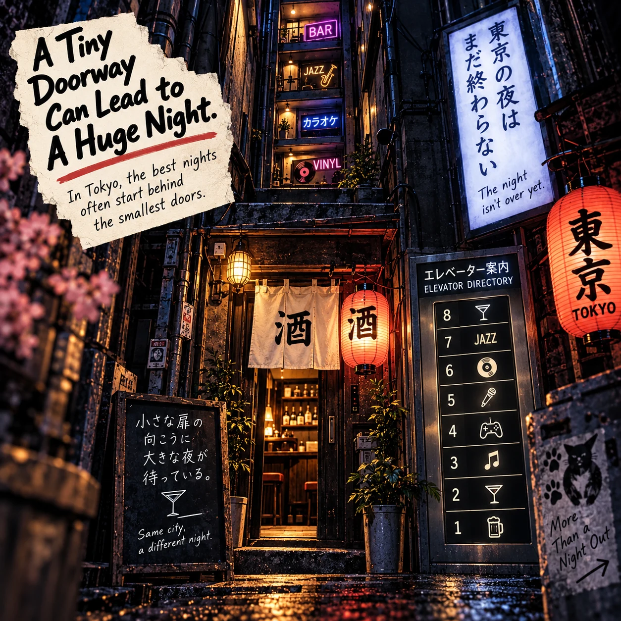 Atmospheric Tokyo alley illustration showing a tiny nightlife doorway, lanterns and an elevator directory leading to hidden bars upstairs
