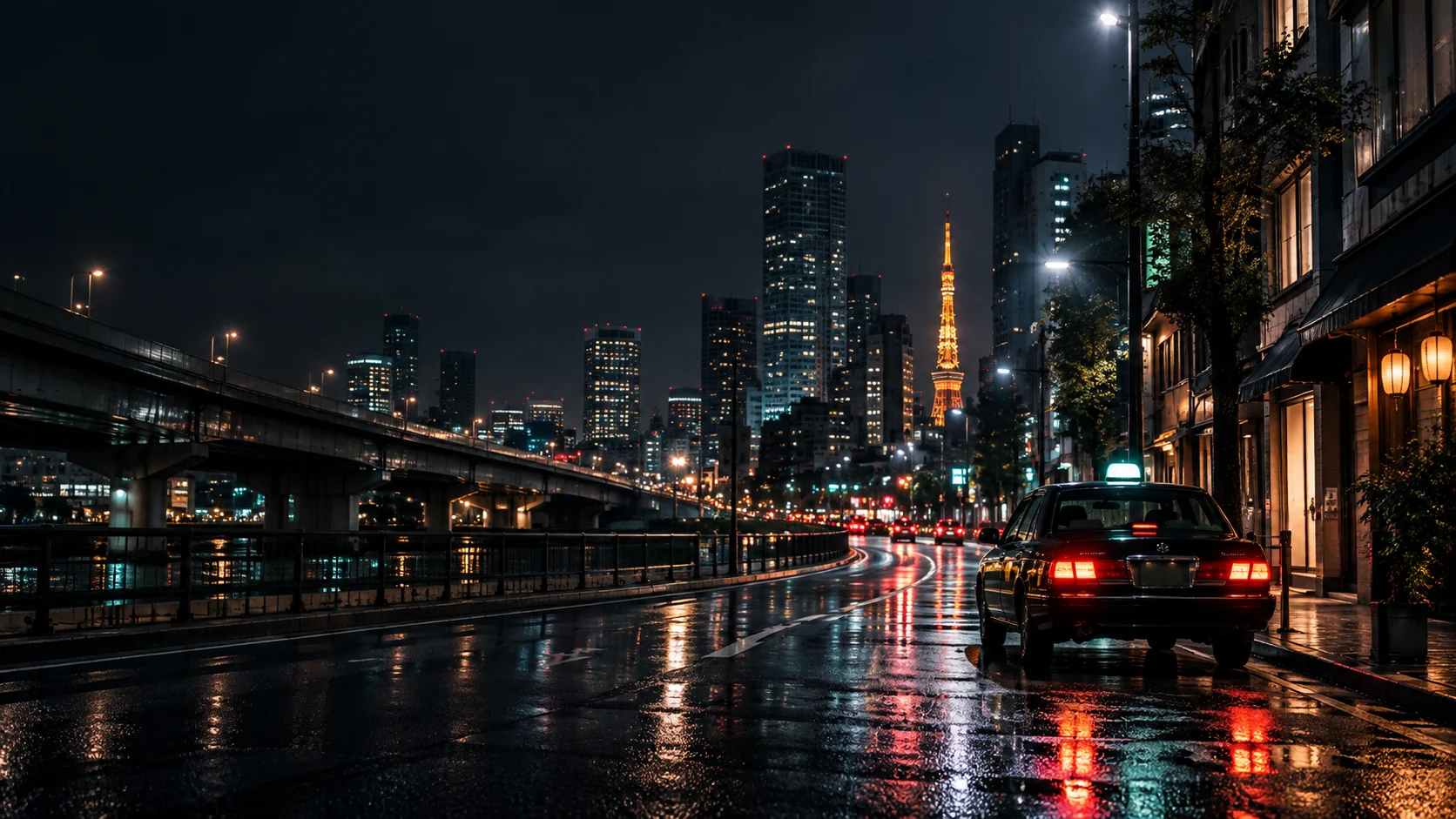 Illustrated Tokyo night street with a taxi and Tokyo Tower.