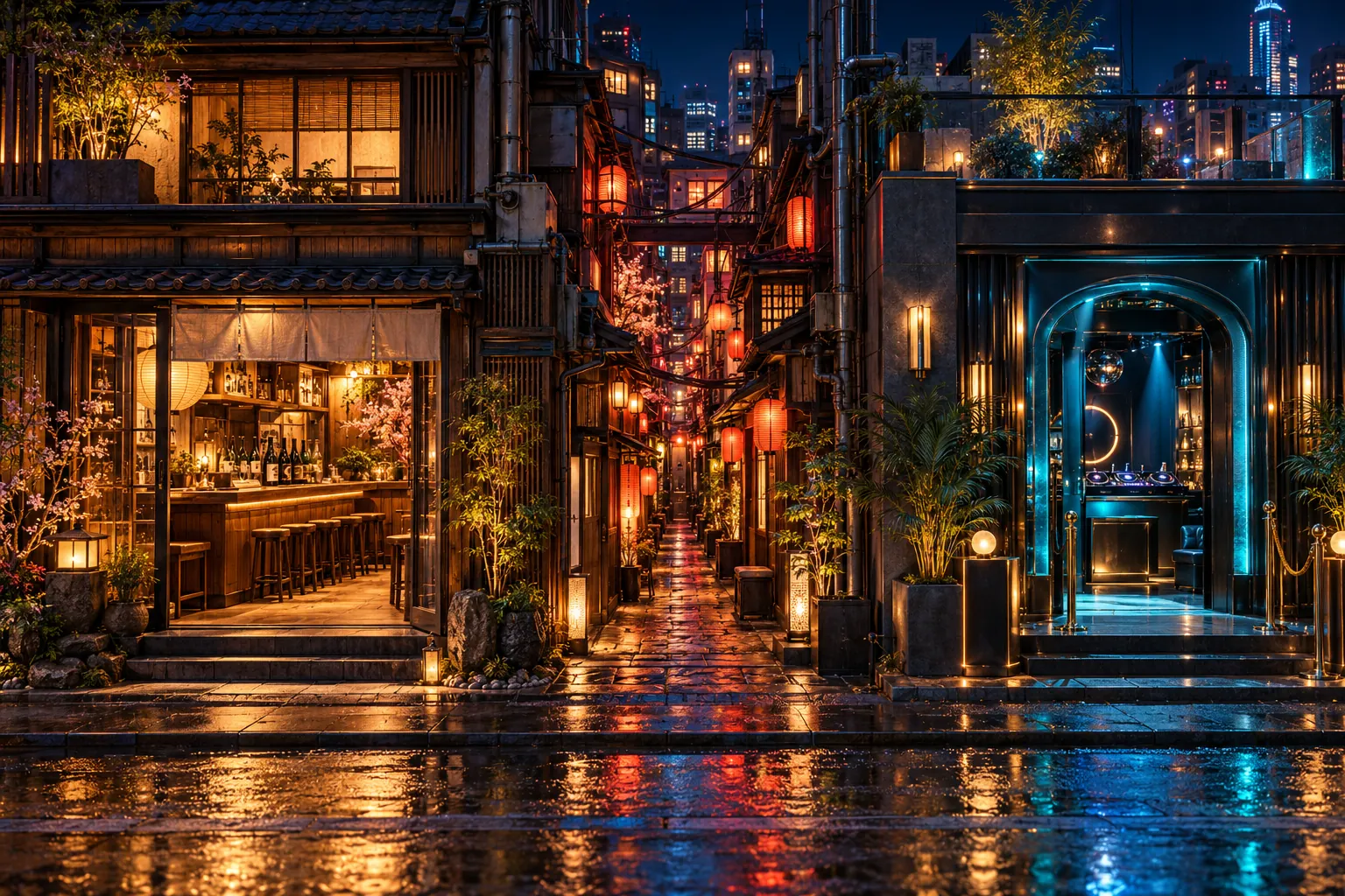 Illustrated Tokyo-inspired night street with amber lanterns, a warm counter bar and a blue-lit music venue.
