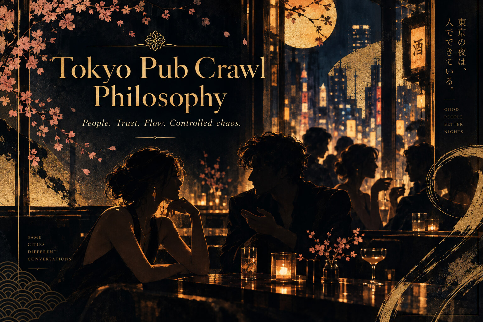 Artistic Tokyo nightlife illustration representing the Tokyo Pub Crawl philosophy of people, trust, flow and controlled chaos.