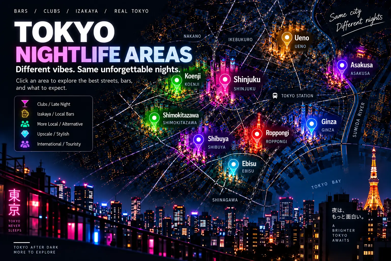 Stylized overview of Tokyo nightlife areas including Shinjuku, Shibuya, Roppongi, Ginza, Ueno and nearby districts